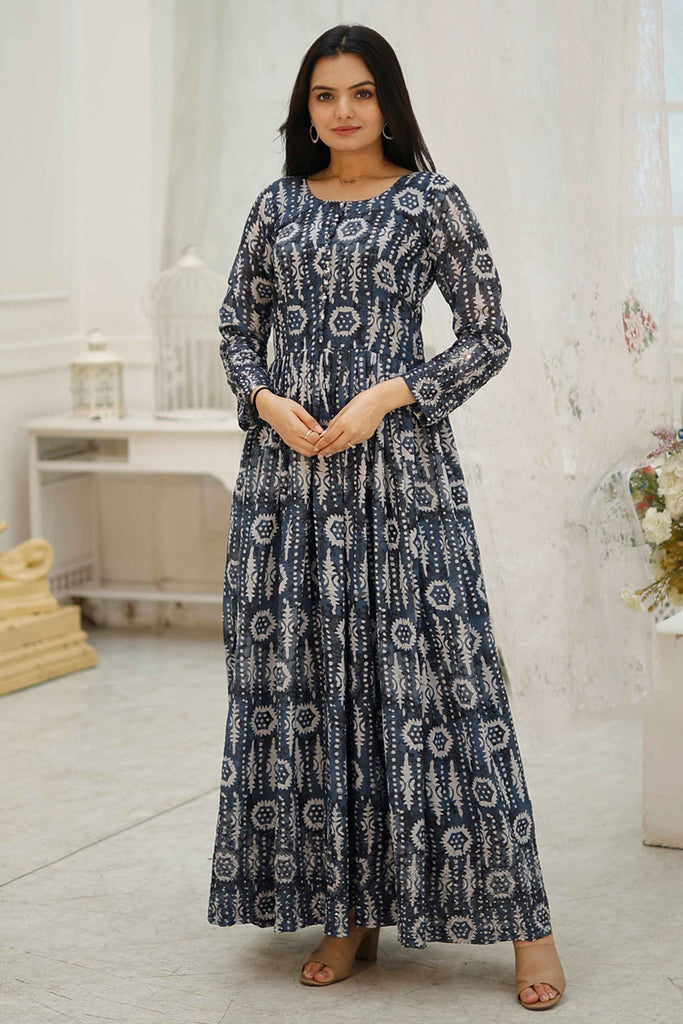 Adorable Blue Digital Printed Georgette Event Wear Gown