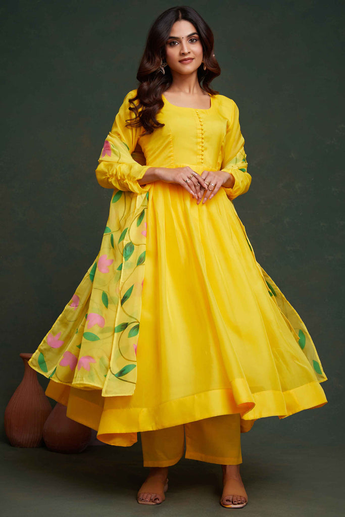 Enjoyable Yellow Organza Haldi Wear Anarkali Suit With Dupatta