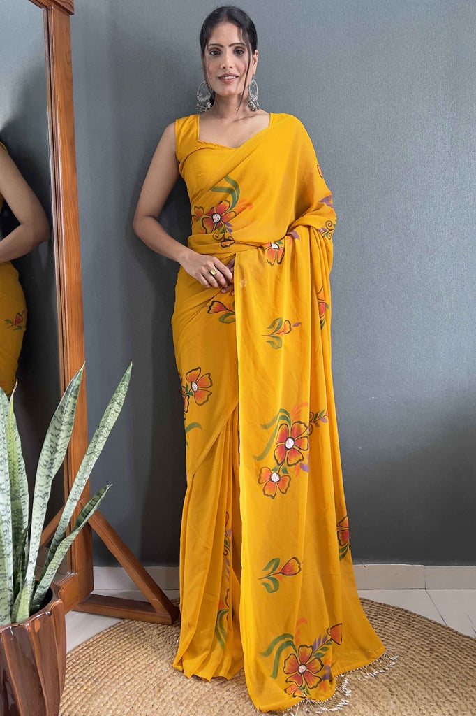 Adored Yellow Floral Print Georgette Ready To Wear Saree With Blouse