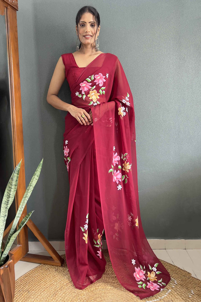 Adorable Maroon Floral Print Georgette Ready To Wear Saree With Blouse