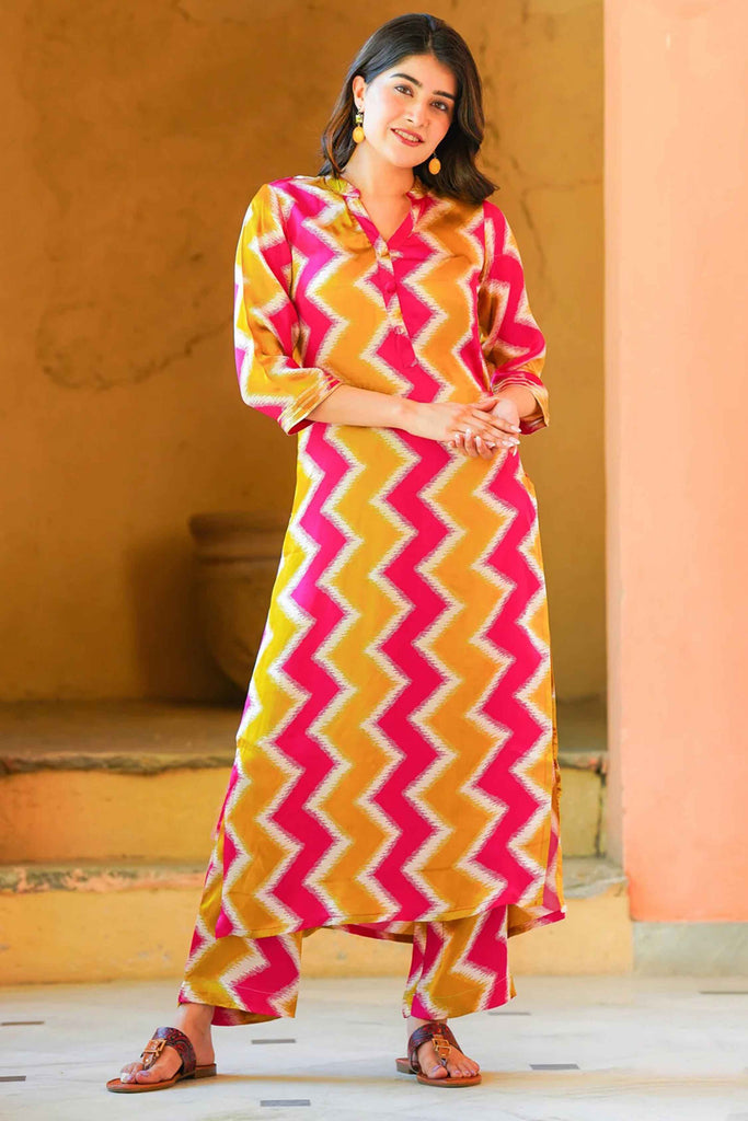 Alluring Yellow Zig Zag Print Maslin Silk Event Wear Salwar Kameez