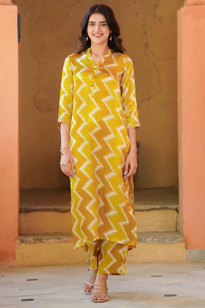 Lovable Mustard Zig Zag Print Maslin Silk Haldi Wear Salwar Kameez