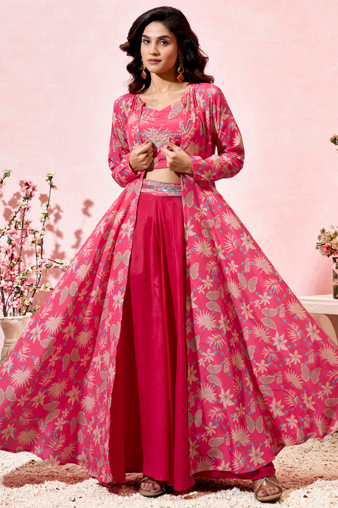 Amazing Pink Printed Crepe Event Wear Crop Top Palazzo With Shrug