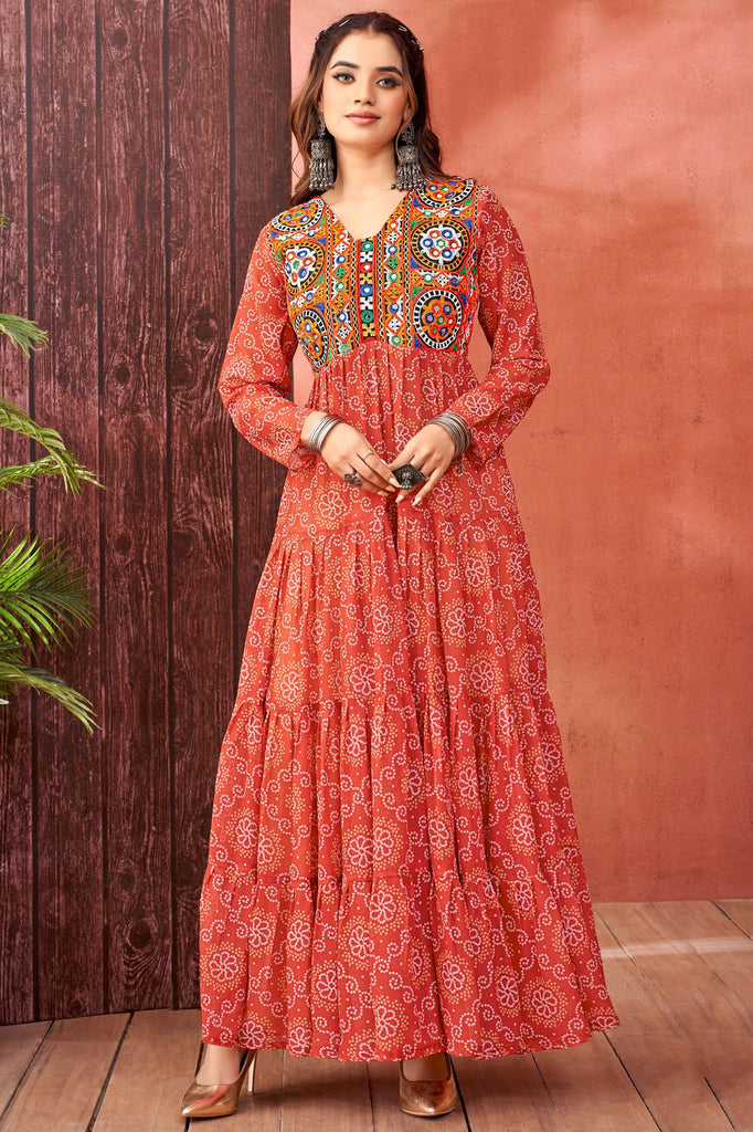 Gorgeous Coral Red Bandhani Printed Georgette Navratri Wear Gown