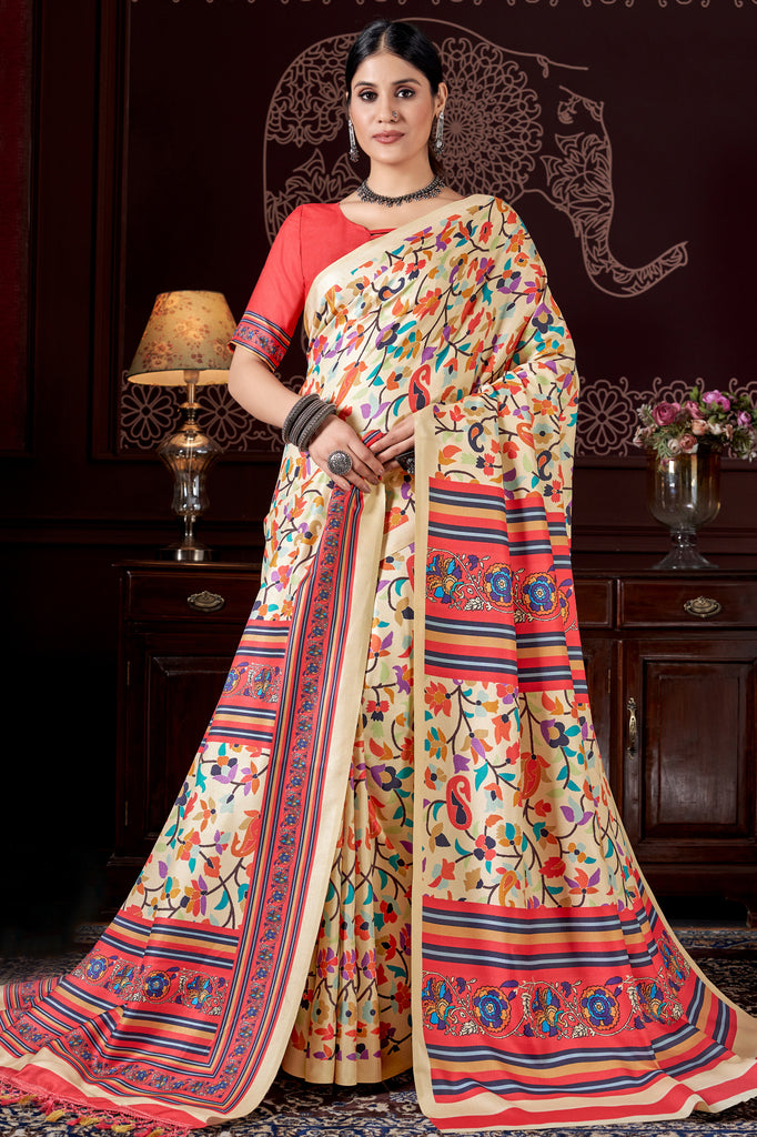 Desirable Beige Printed Pashmina Function Wear Saree With Shawl