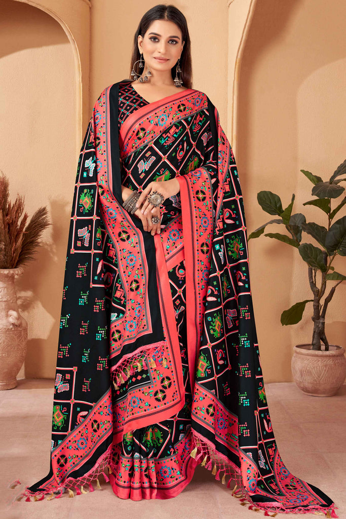 Charming Black Printed Pashmina Festival Wear Saree With Shawl