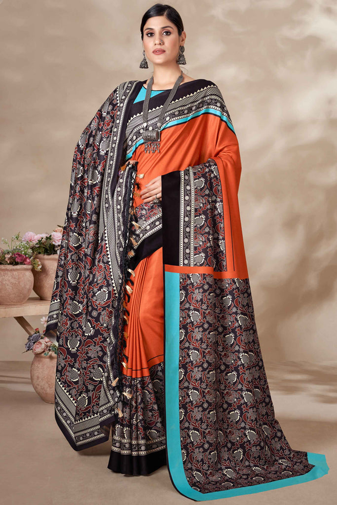 Bringing Orange Pashmina Winter Wear Saree With Shawl