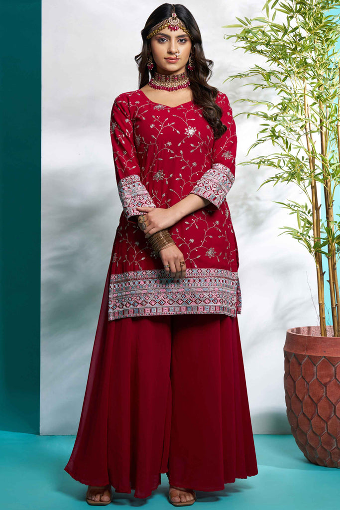 Glamorous Maroon Zari Embroidered Georgette Eid Special Palazzo Suit