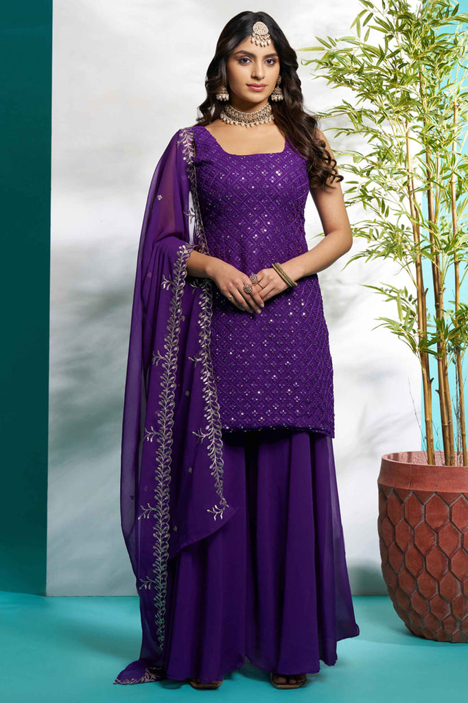 Endearing Purple Zari Embroidered Georgette Festival Wear Palazzo Suit