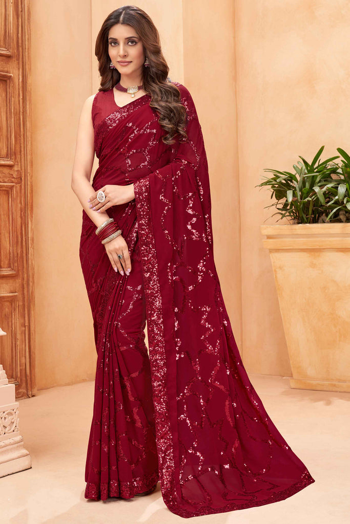 Beautiful Maroon Sequins Georgette Cocktail Wear Saree With Blouse