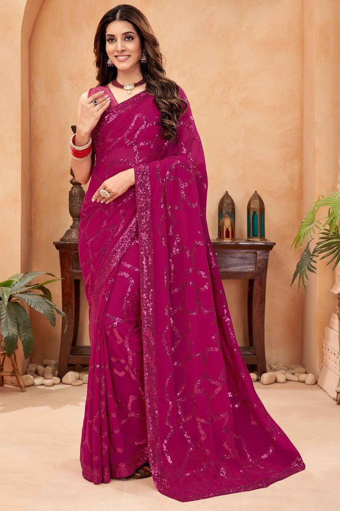 Attractive Magenta Sequins Georgette Party Wear Saree With Blouse