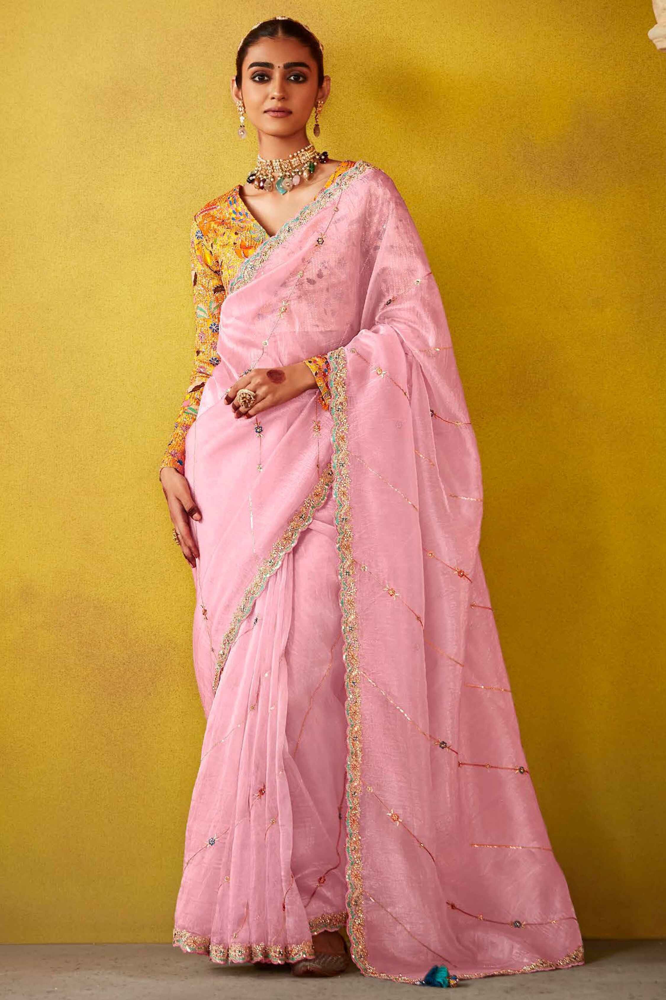 Awesome Baby Pink Sequins Work Organza Event Wear Saree With Blouse