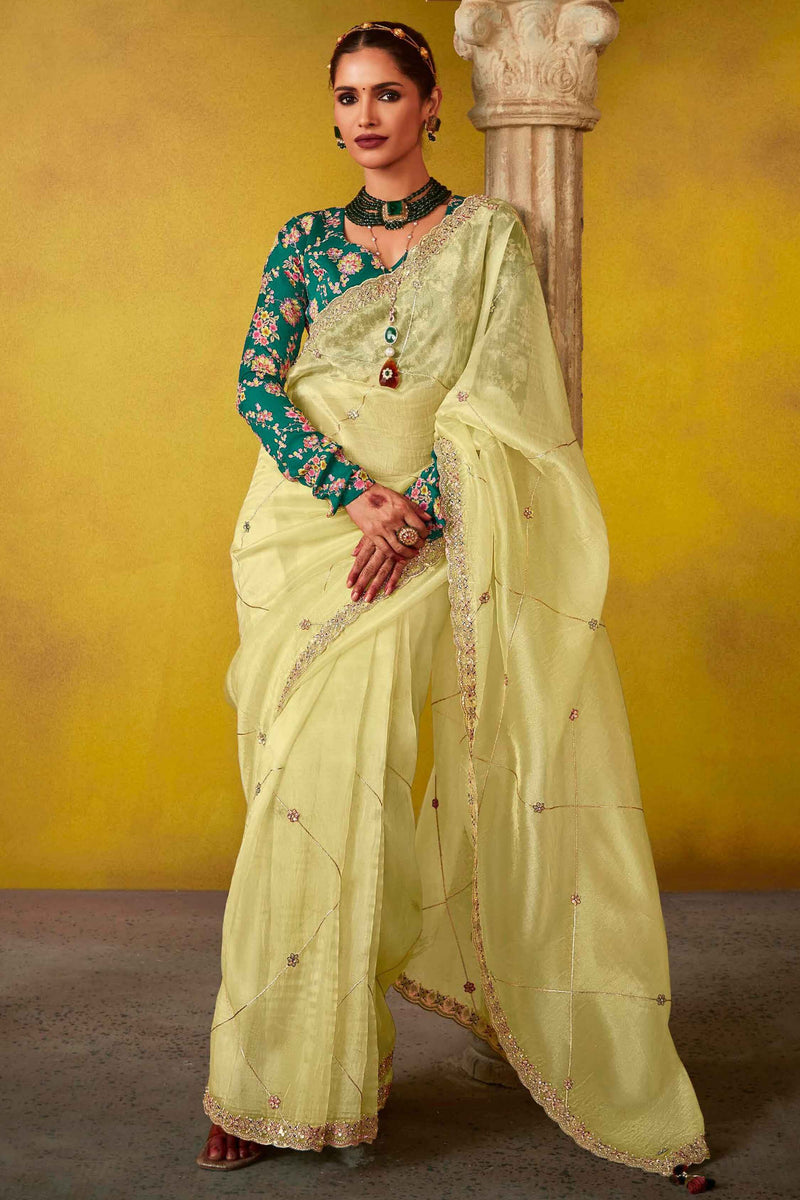 Buy Light Yellow Sequins Organza Saree From Designer Lehenga Choli