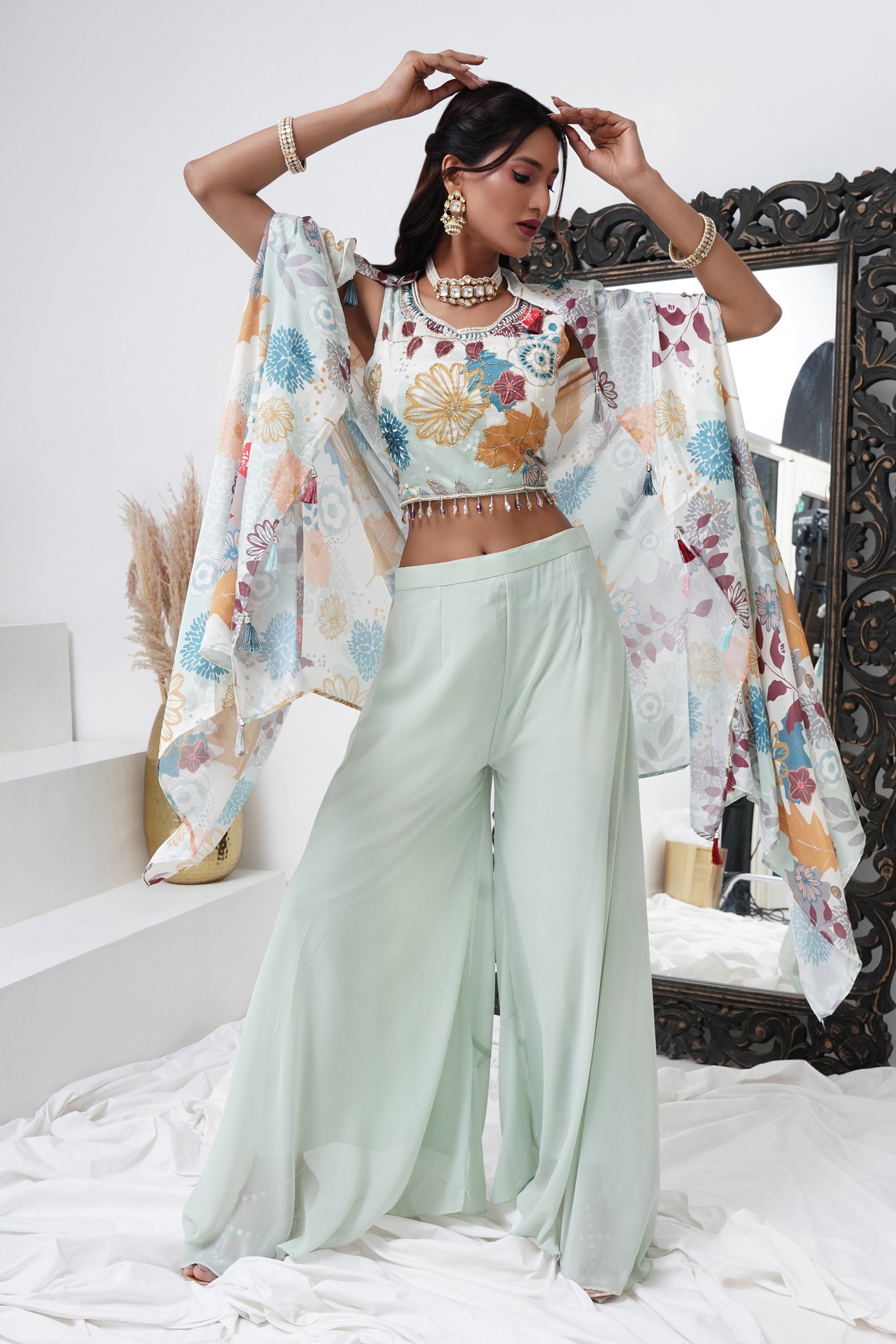 Shop Aqua Blue Georgette Crop Top Palazzo With Shrug Online At