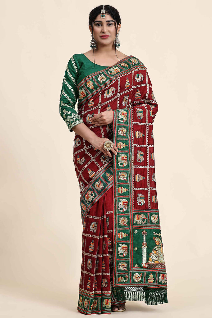 Beautiful Maroon Embroidered Silk Function Wear Saree With Blouse