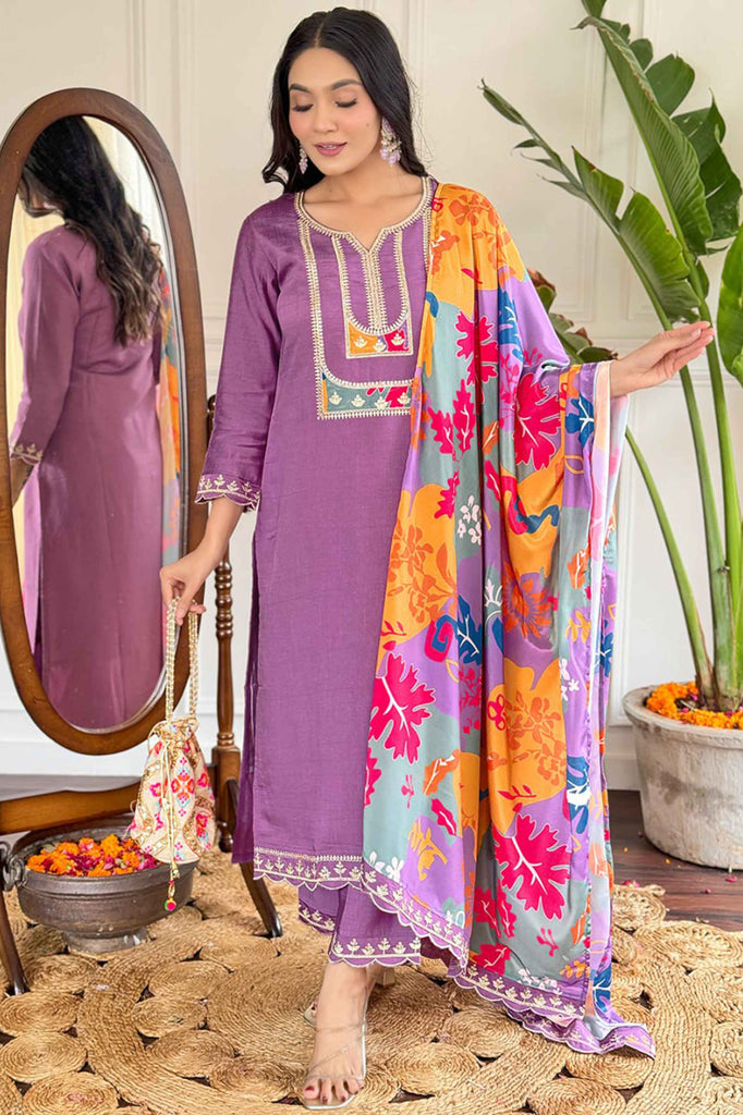 Shocking Purple Thread Embroidered Viscose Straight Suit With Dupatta