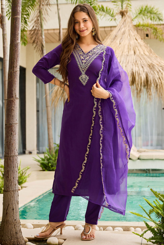 Astonishing Purple Embroidered Rayon Festival Wear Straight Suit With Dupatta