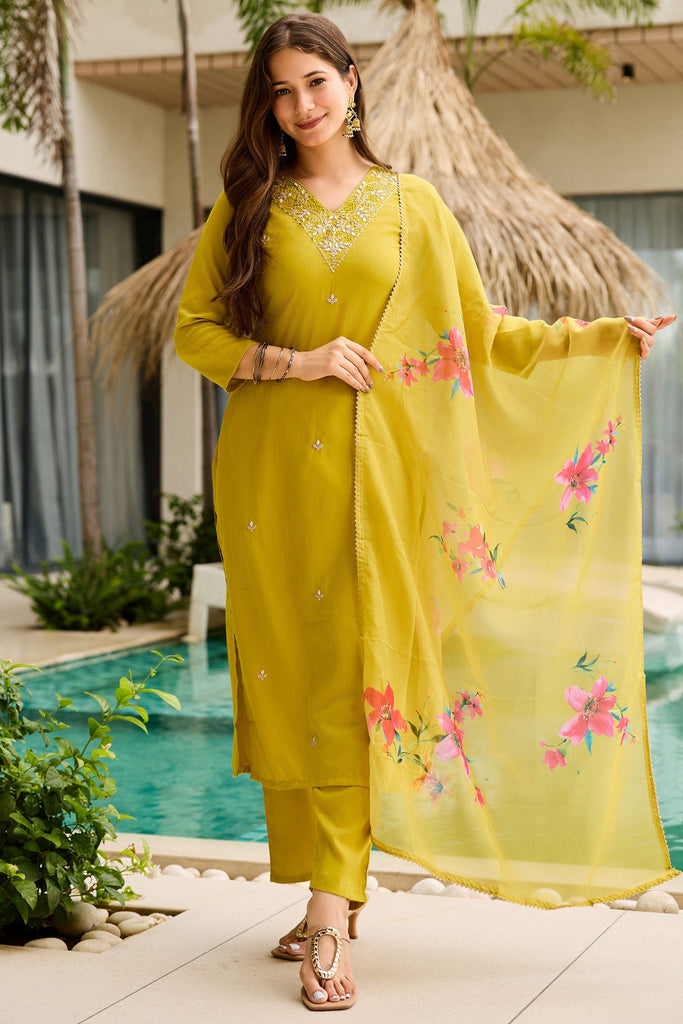 Graceful Yellow Rayon Festival Wear Suit With Floral Printed Dupatta