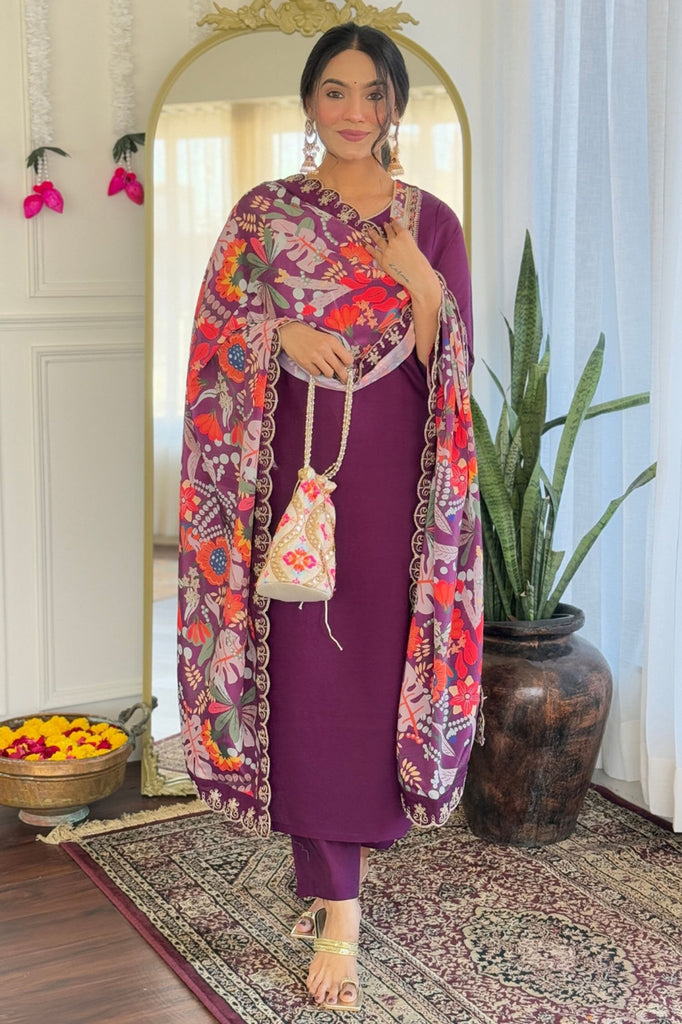 Marvelous Purple Thread Embroidered Chanderi Event Wear Pant Suit