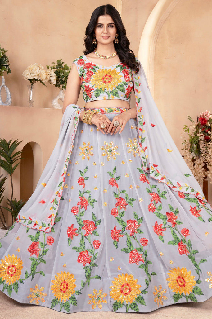 Astonishing Grey Sequins Georgette Wedding Lehenga Choli With Dupatta