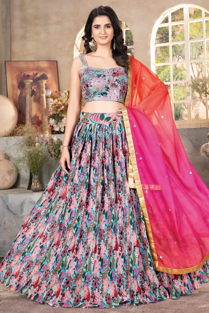 Pretty Multi-Color Digital Printed Organza Lehenga Choli With Dupatta