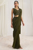 Stunning Olive Green Organza Pre-Stitched Saree With Blouse