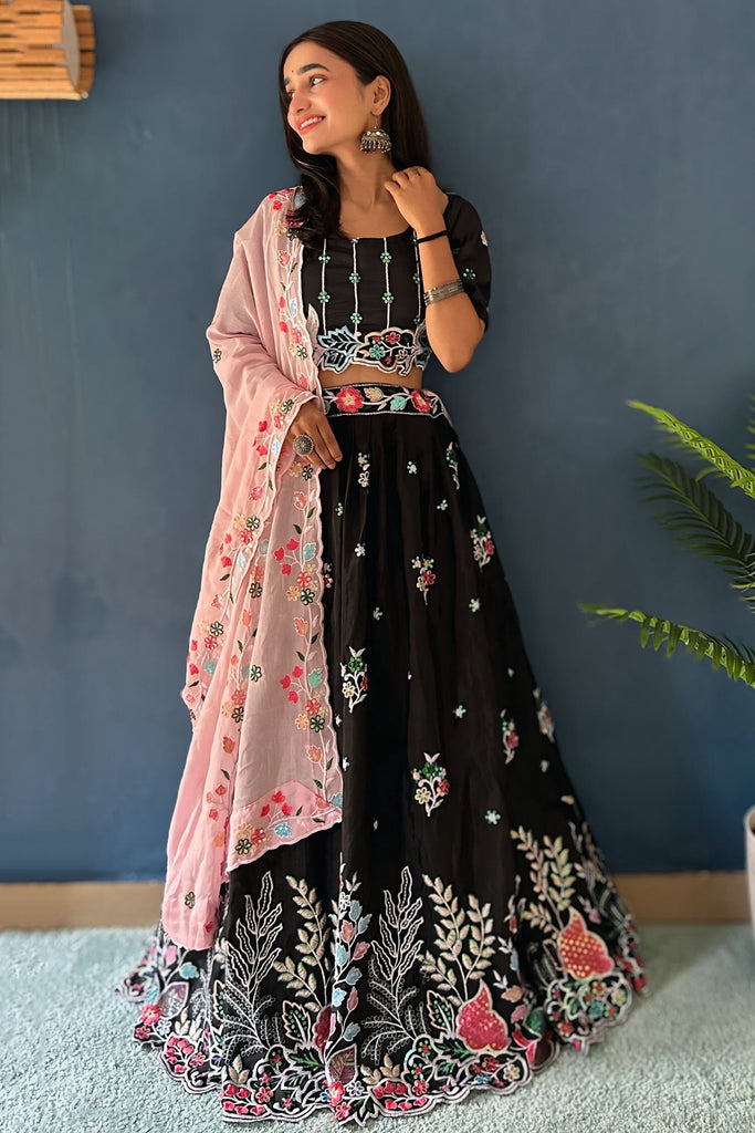 Shocking Black Sequins Silk Reception Wear Lehenga Choli With Dupatta