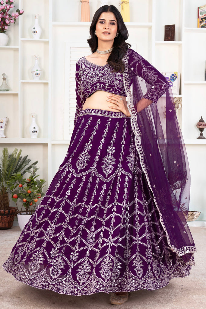 Wonderful Purple Sequins Georgette Wedding Lehenga Choli With Dupatta