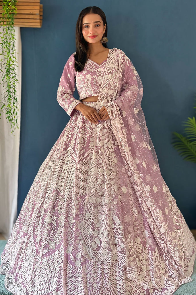 Alluring Mauve Embroidered Net Reception Lehenga Choli With Dupatta