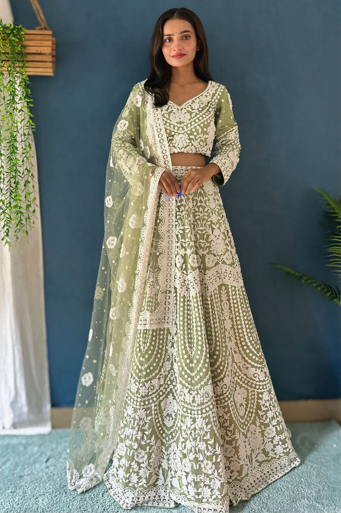 Fabulous Pista Green Embroidered Net Lehenga Choli With Dupatta