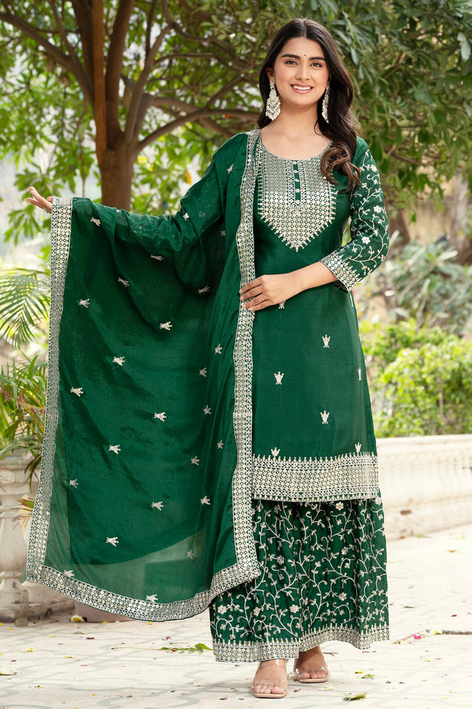 Marvelous Green Sequins Chinon Festival Wear Sharara Suit