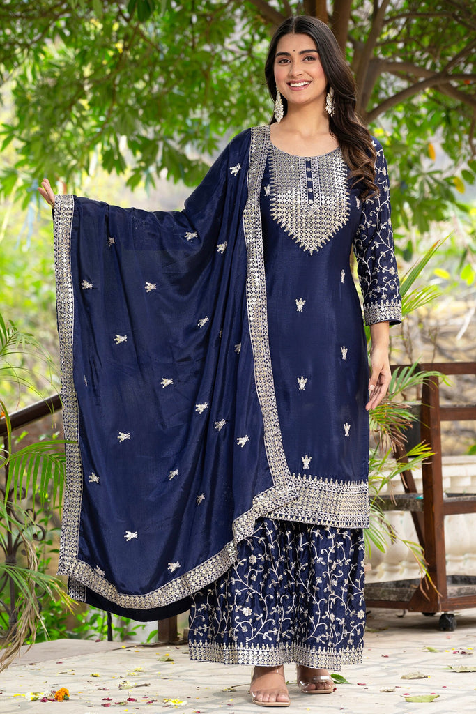 Wonderful Navy Blue Sequins Chinon Function Wear Sharara Suit