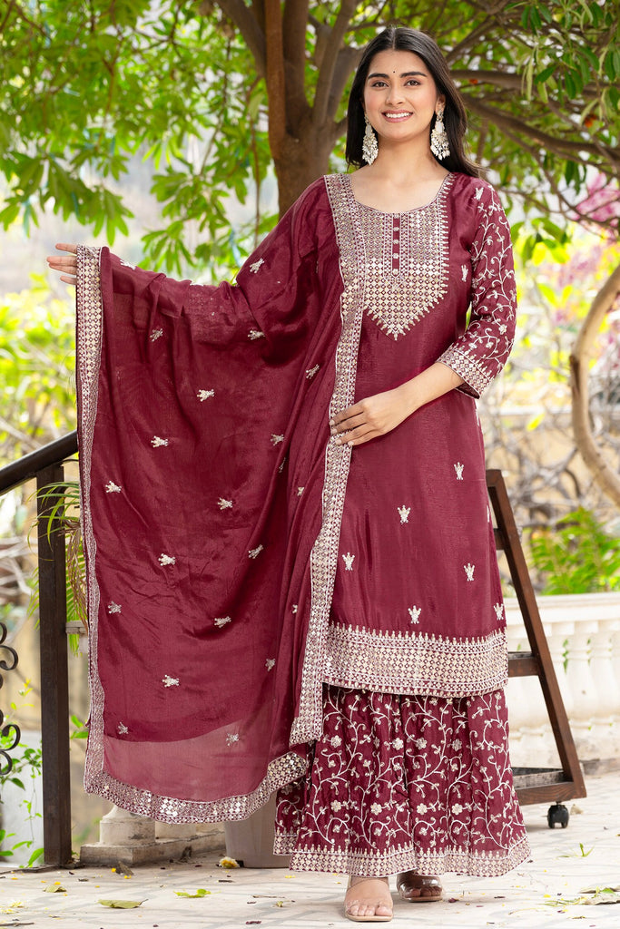 Fabulous Rose Gold Sequins Chinon Festival Wear Sharara Suit