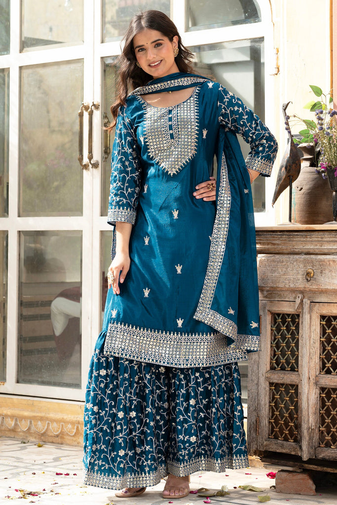 Shocking Teal Blue Sequins Chinon Event Wear Sharara Suit With Dupatta