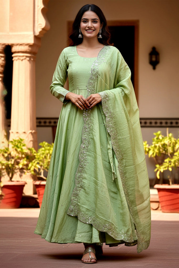 Awesome Pista Green Sequins Embroidered Silk Traditional Gown With Dupatta