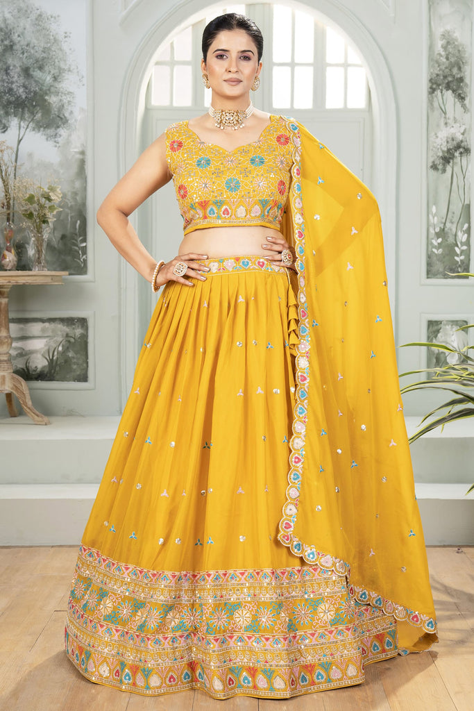 Glorious Mustard Yellow Embroidered Georgette Haldi Wear Lehenga Choli