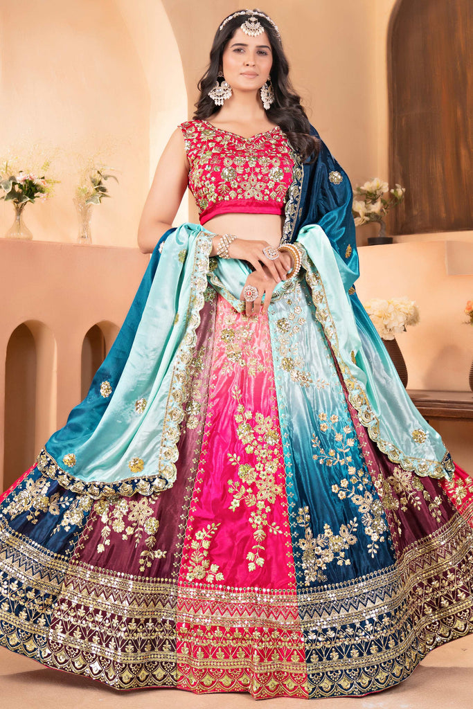 Wonderful Multi-Color Zari Embroidered Chinon Wedding Lehenga Choli