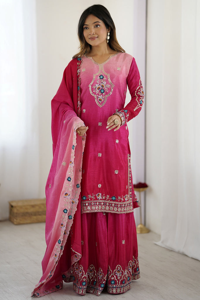 Adorable Pink Sequins Chinon Reception Wear Sharara Suit With Dupatta