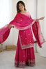 Adorable Pink Sequins Chinon Reception Wear Sharara Suit With Dupatta
