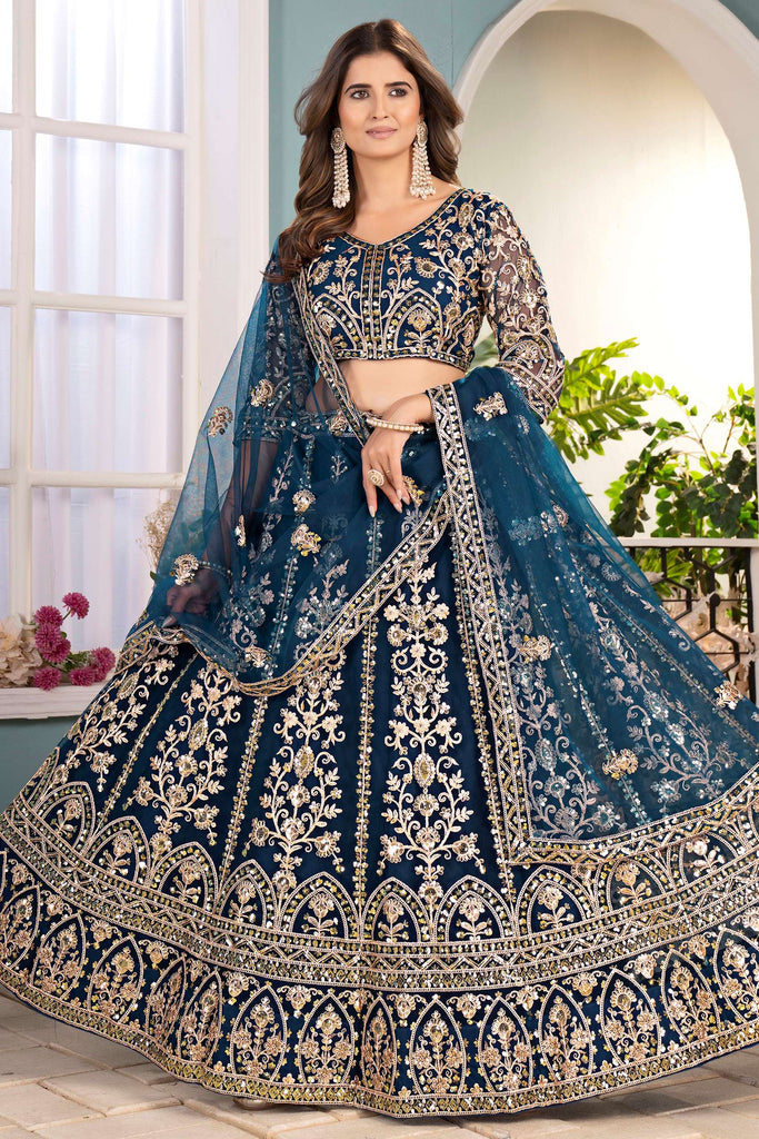 Superb Teal Blue Net Embroidered Engagement Wear Lehenga Choli