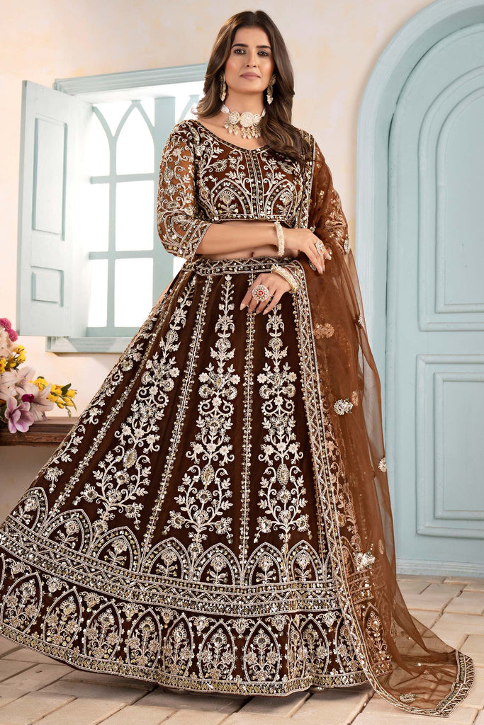 Incredible Brown Embroidered Wedding Wear Lehenga Choli With Dupatta