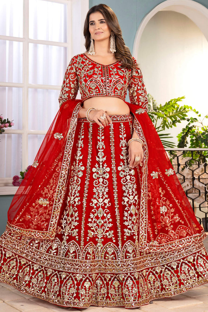 Mesmerizing Red Sequins Net Bridal Lehenga Choli With Dupatta