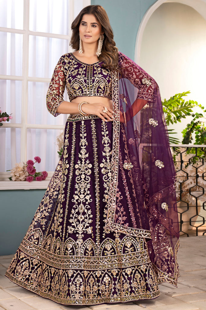 Artistic Wine Sequins Net Reception Wear Lehenga Choli With Dupatta