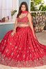 Delightful Coral Red Sequins Chinon Sangeet Wear Lehenga Choli With Dupatta