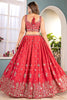 Delightful Coral Red Sequins Chinon Sangeet Wear Lehenga Choli With Dupatta