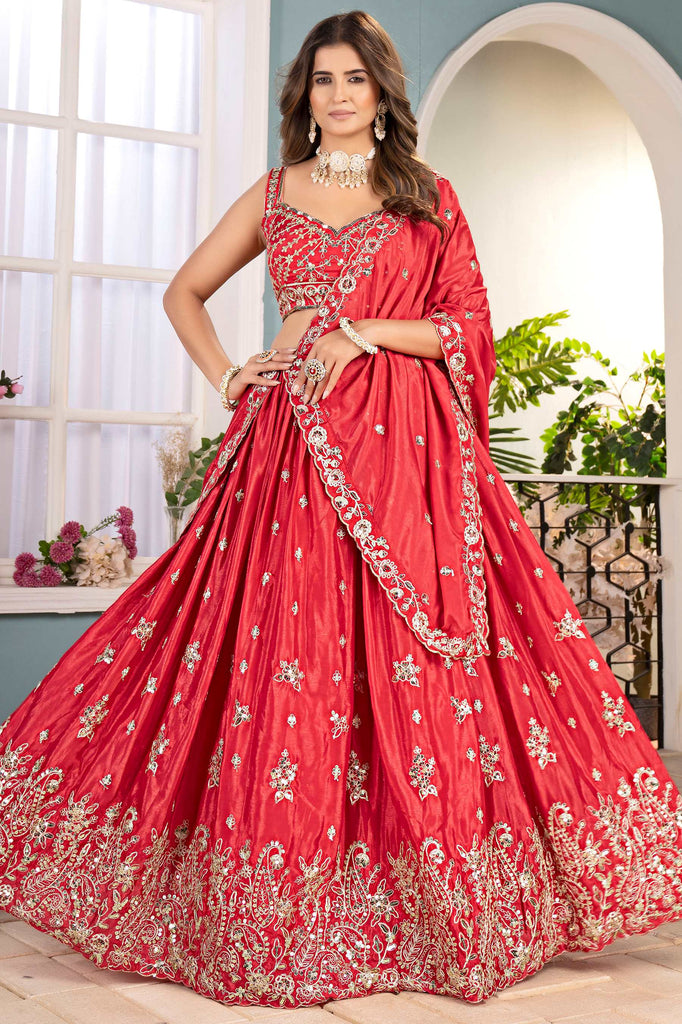 Delightful Coral Red Sequins Chinon Sangeet Wear Lehenga Choli With Dupatta