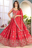 Delightful Coral Red Sequins Chinon Sangeet Wear Lehenga Choli With Dupatta