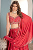 Delightful Coral Red Sequins Chinon Sangeet Wear Lehenga Choli With Dupatta