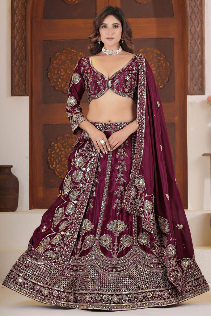 Mesmerizing Wine Multi-Thread Work Chinon Wedding Wear Lehenga Choli