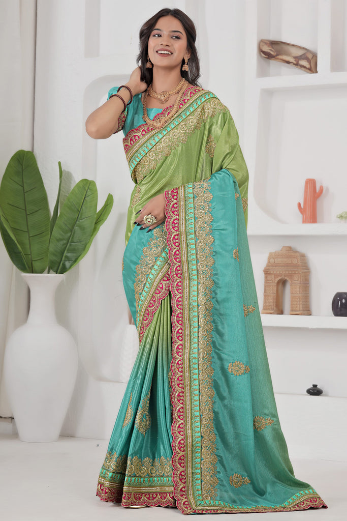 Precious Green Coding Work Chinon Engagement Wear Saree With Blouse